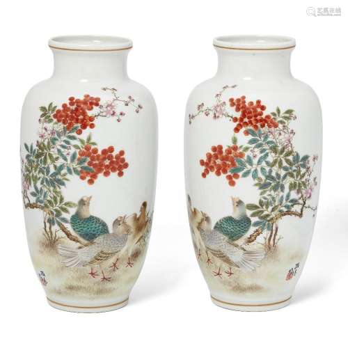 A pair of Chinese enamelled 'quails' vases<br />
<br />
Mid-...
