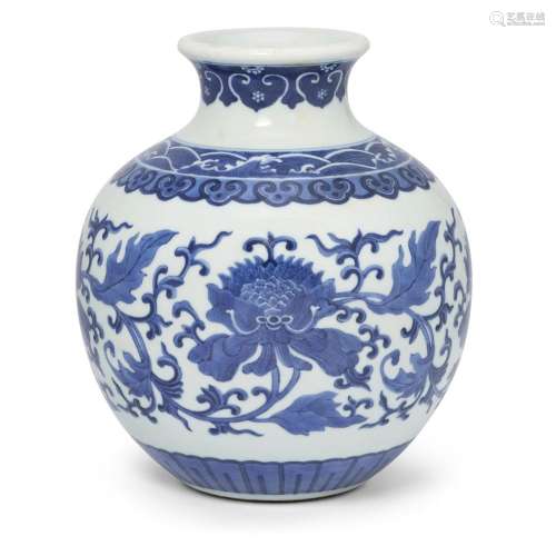 A Chinese blue and white peony foliage vase, shiliu zun<br /...