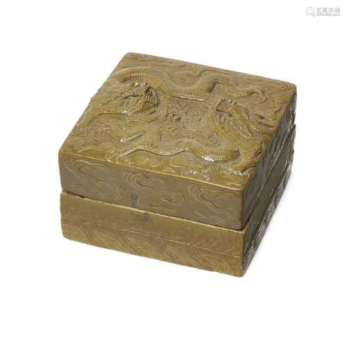 A Chinese olive green-glazed square box and cover<br />
<br ...