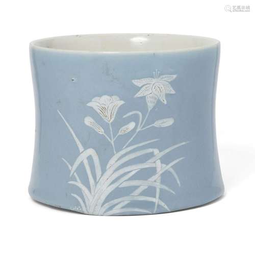 A Chinese slip-decorated clair-de-lune-glazed brush pot, bit...
