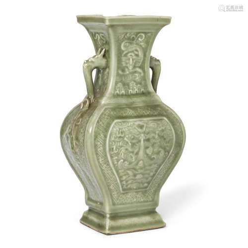 A Chinese celadon twin-handled dragon vase<br />
<br />
Repu...