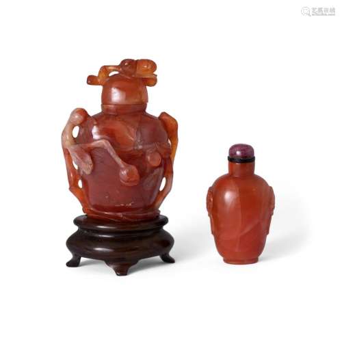 Two Chinese carnelian agate snuff bottles<br />
<br />
Late ...