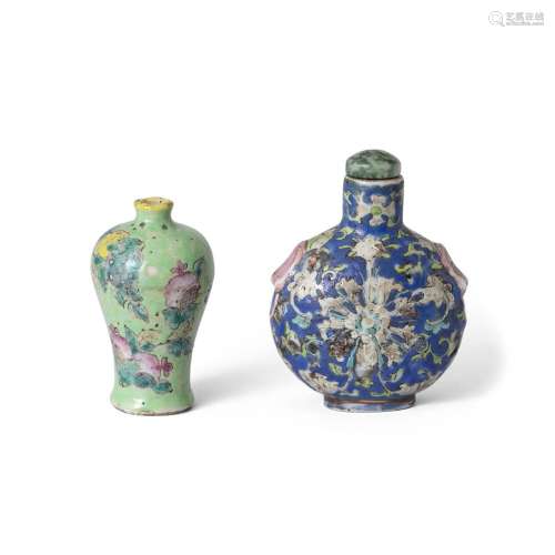 Two Chinese enamelled snuff bottles<br />
<br />
Late Qing d...