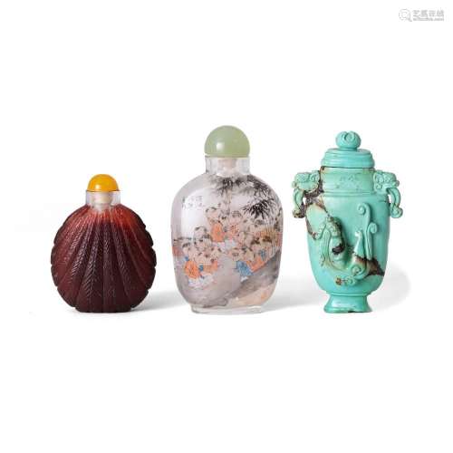 A Chinese turquoise miniature vase and two glass snuff bottl...
