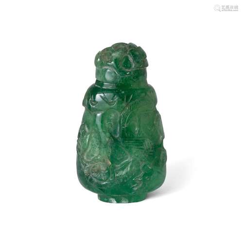 A Chinese green beryl carved snuff bottle and matching stopp...