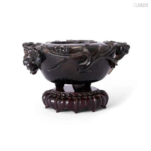 A Chinese smoky quartz 'lingzhi' tripod incense burner<br />...
