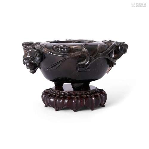 A Chinese smoky quartz 'lingzhi' tripod incense burner<br />...