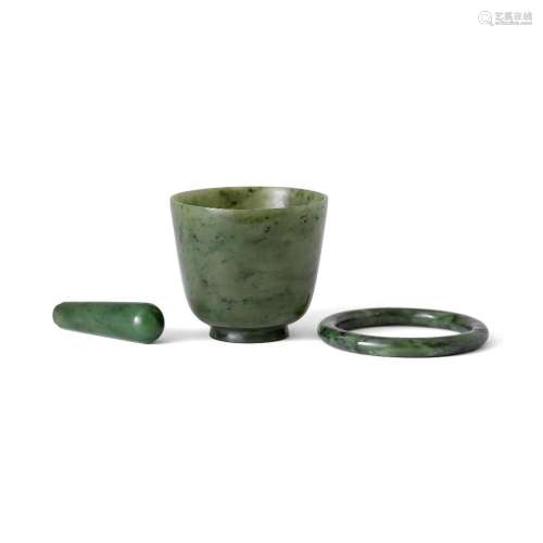 Three Chinese spinach jade carvings<br />
<br />
Early 20th ...