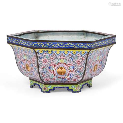 A Chinese painted enamel hexagonal jardinière<br />
<br />
Q...