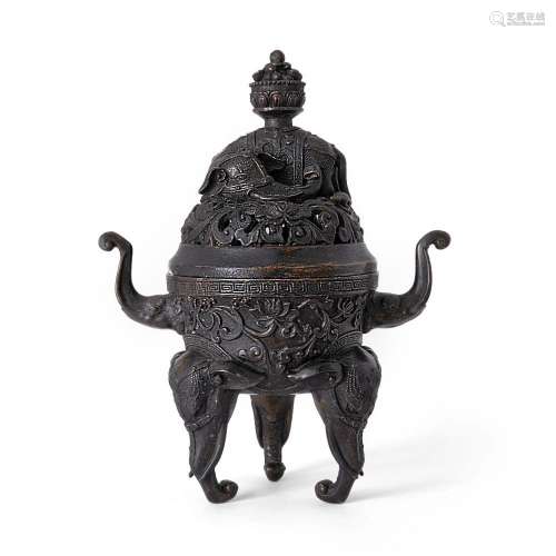 A Chinese bronze 'elephant' tripod incense burner and cover<...