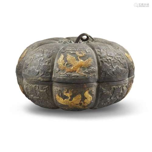 A Chinese parcel-gilt and silvered copper melon-shaped box<b...