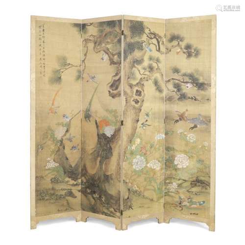 A large Chinese painted silk four-panel screen with painting...