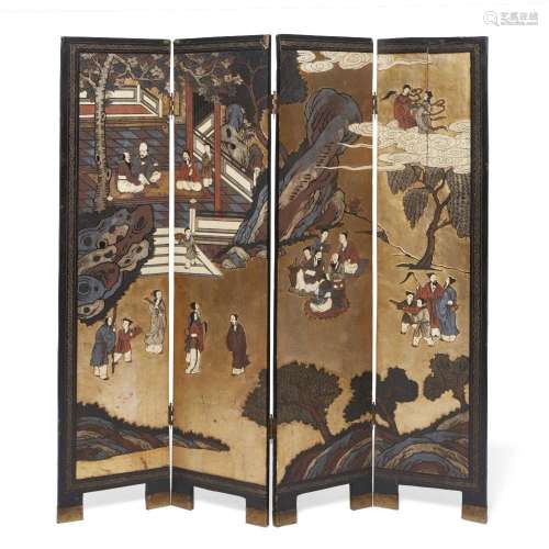 A Chinese carved lacquer four-panel screen<br />
<br />
Earl...