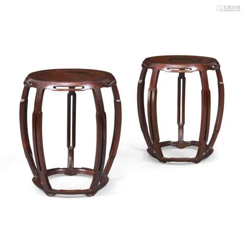 A pair of Chinese hongmu barrel-form stools<br />
<br />
Lat...