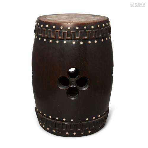 A Chinese hongmu marble inset barrel-form stool<br />
<br />...