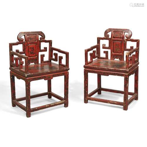 A pair of Chinese red tianqi lacquered armchairs<br />
<br /...