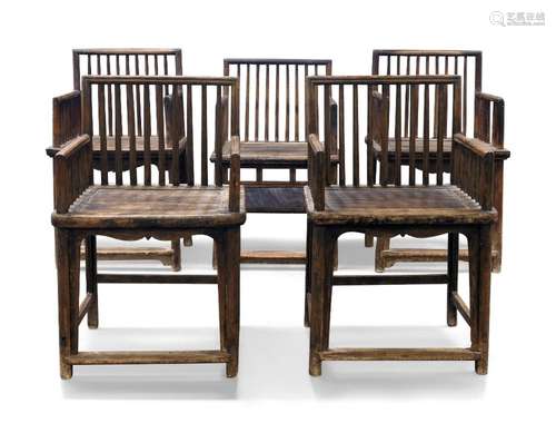 A matched set of five Chinese hardwood lowback armchairs<br ...