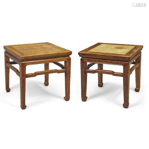 Two Chinese elm square stools, <br />
<br />
Late Qing Dynas...