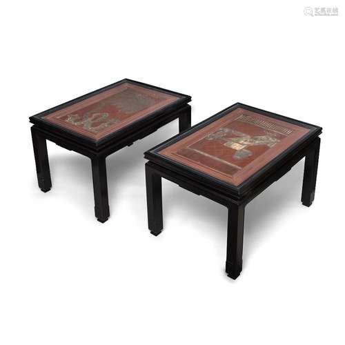 A pair of Chinese bamboo-inset low tables<br />
<br />
Repub...