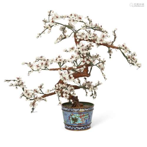 A Chinese hardstone tree in a cloisonné-enamel jardinière<br...