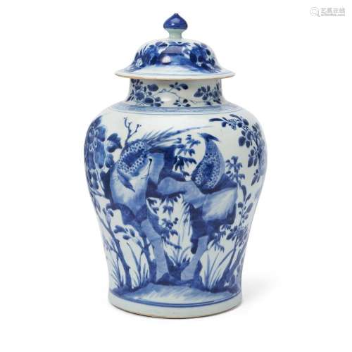 A large Chinese blue and white 'pheasants' jar and cover, ji...
