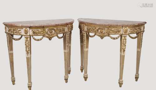 PAIR OF 18TH-CENTURY PARCEL-GILT CONSOLE TABLES