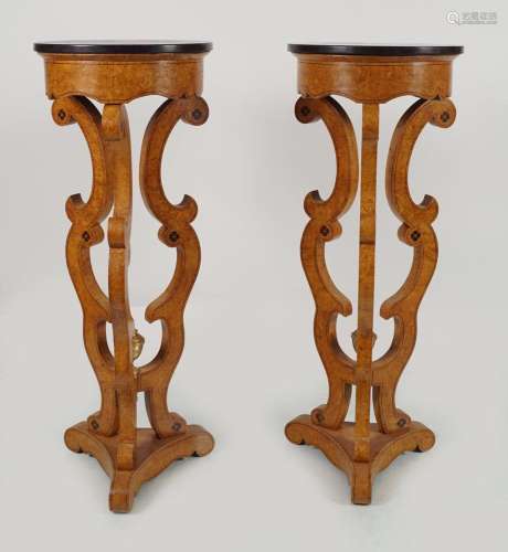 PAIR EMPIRE STYLE SATIN WALNUT STANDS