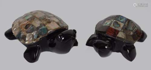 TWO OBSIDIAN AND ABALONE TURTLES