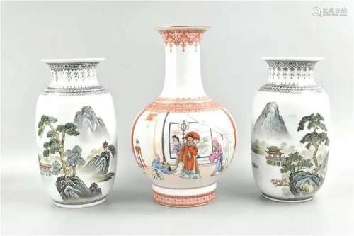 3 Chinese Famille Rose Vases, 1960s.