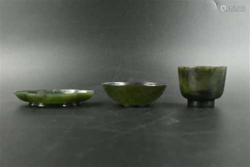 Group of 3 Chinese Spinach Jadeite Cup, Bowl, Dish