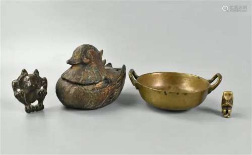 4 Chinese Bronze Carved Monkey , Beast ,Duck &Tray