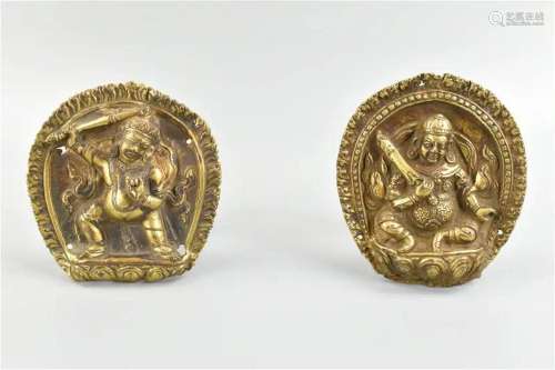 Pair Chinese Gilt Bronze Plaque w/ Guardian,Qing D