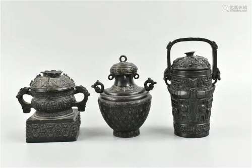 Group of 3 Archaistic Bronze Covered Jars