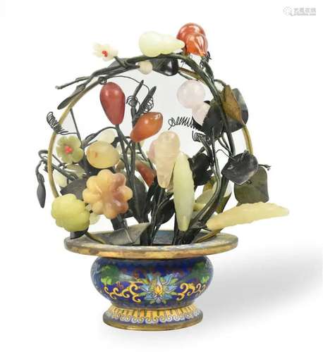 Chinese Cloisonne Planter w/ Jadetie & Gem Stone