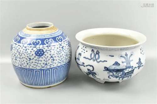 Chinese Blue & White Jar and Censer, 18/19th C.