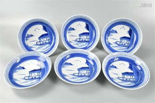 6 Chinese Blue & White Dishes w/ Boat, 19th C.