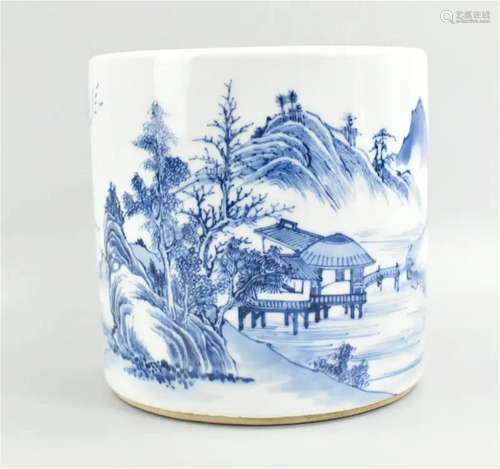 Chinese Blue and White Brushpot w/ Landscape