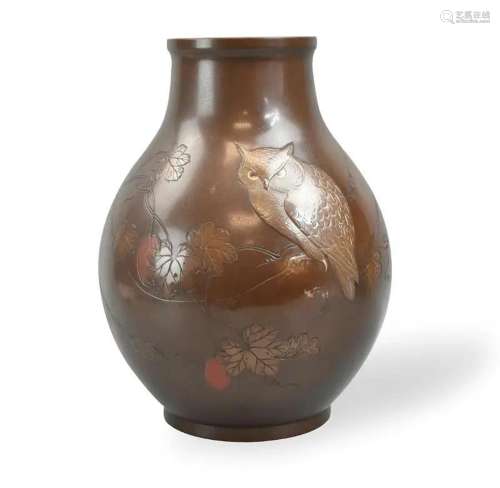 Japanese Mixed Metal Bronze Vase w/ Owl,Meiji P.