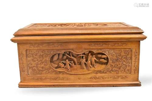 Chinese Huangyang Wood Box w/ Figural Scene