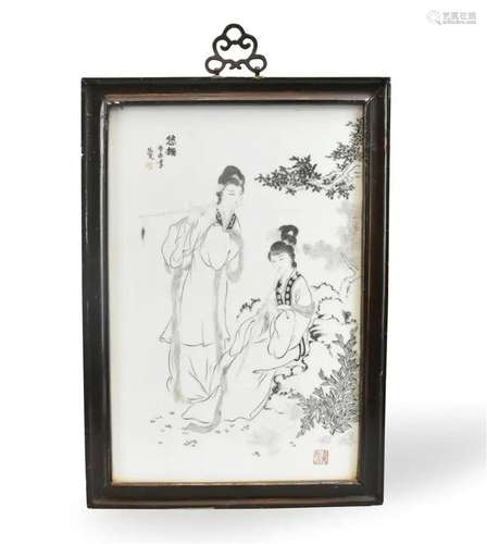 Chinese Porcelain Plaque w/ Incised Beauty, ROC P.