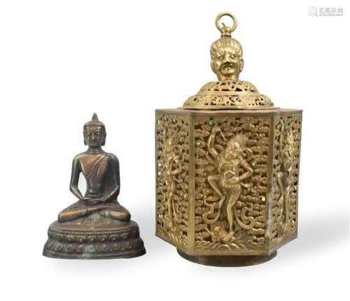 Tibetan Gilt Bronze Latern & Bronze Buddha, Qing D