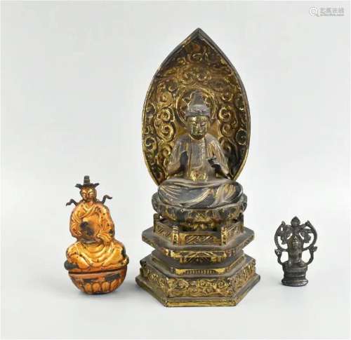 Group of 3 Lacquer Wood & Bronze Buddha Figure