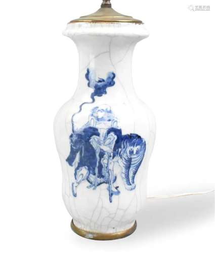 Chinese Ge B & W Vase w/ Figure & Tiger,19th C