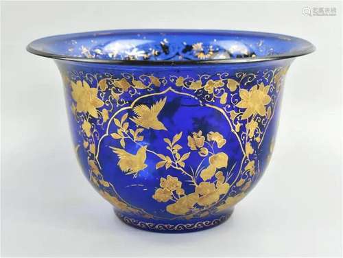 Chinese Blue Peking Glass Planter w/ Birds &Flower