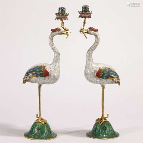 A PAIR OF CLOISONNE CRANES ORNAMENTS