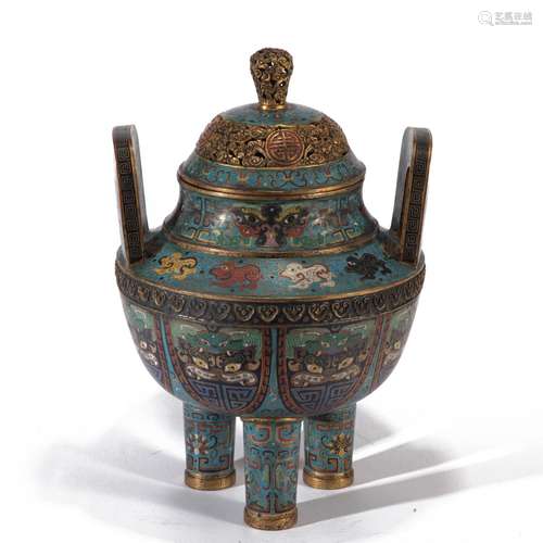 A CLOISONNE TRIPOD LIDDED CENSER