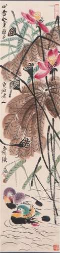 A CHINESE PAINTING OF LOTUS FLOWERRS AND BIRDS