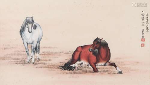 A CHINESE PAINTING OF TWO HORSES