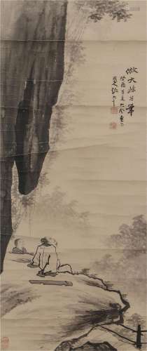 A CHINESE PAINTING OF FIGURES AMONG MOUNTAINS