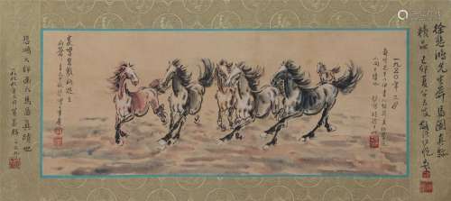 A CHINESE PAINTING OF RUNNING HORSES